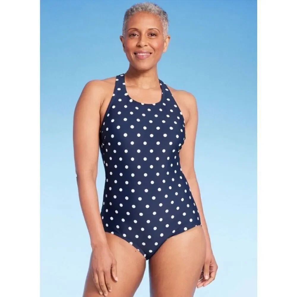 Lands’ End NWT sz M one piece swimsuit navy/ white polka dot